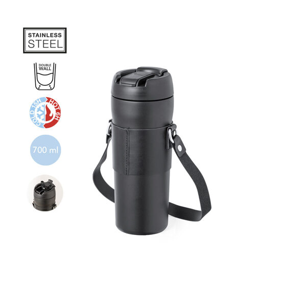 Termopudele ar PU ādas rokturi un salmiņa uzgali – 700 ml