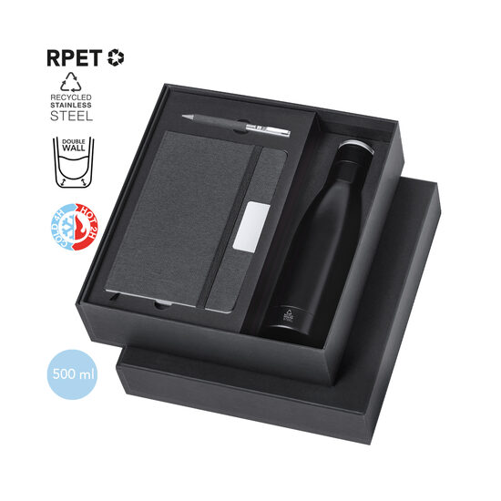 Premium biznesa dāvanu komplekts ar termopudeli, RPET bloknotu un pildspalvu (cena/gab. par 50 gab. pasūtījumu)