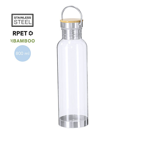 RPET pudele ar bambusa vāciņu un nerūsējošā tērauda detaļām – 800 ml