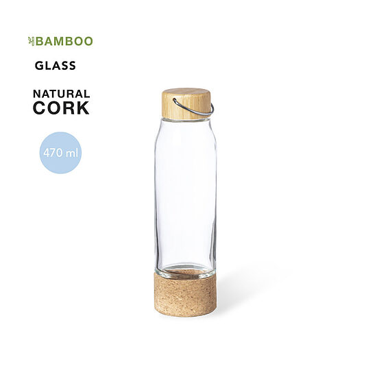 Dabīgā stila stikla pudele ar korķa pamatni un bambusa vāciņu – 470 ml