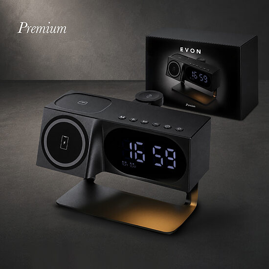 Premium 3 vienā bezvadu uzlādes stacija ar Bluetooth skaļruni, pulksteni un naktslampu