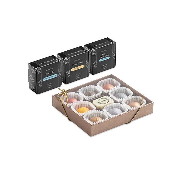 Premium dāvanu komplekts ar 9 šokolādes bonboniem un 3 ZEN tējām
