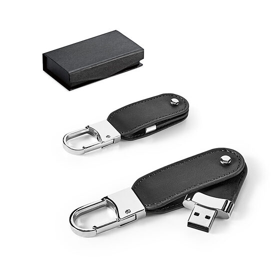 USB zibatmiņa elegantā ādas imitācijas futrālī ar metāla karabīni