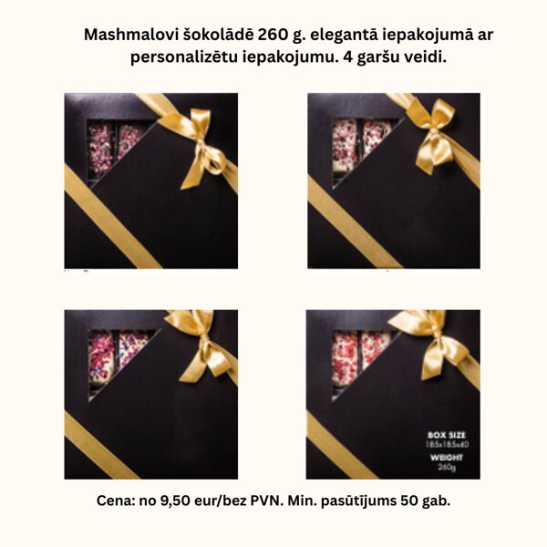 Mašmelovi šokolādē elegantā iepakojumā ar apdruku