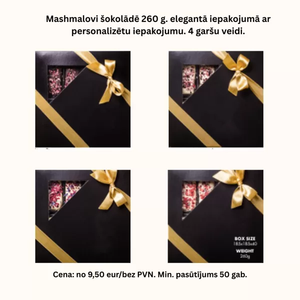 Mašmelovi šokolādē elegantā iepakojumā ar apdruku
